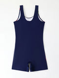 Women One-piece Sports Swimsuit Professional Training Athletic Boyleg Bathing Suit Printed Swimwear Patchwork Beach Wear Blue