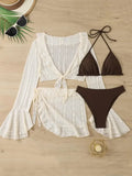 Vintage Swimwear Women Long Sleeve Ruffles Cover Up Skirt 4 Piece Bikini Set 2025 Push Up Beach Bathing Suit High Waist Swimsuit