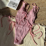 Deep V Neck Halter Wrinkled Female Swimwear One Piece Swimsuit Women Backless Monokini High Cut Bather Bathing Suit Swim Lady