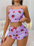 Summer Strawberry Print 2PCS Pajama Set Women's Casual Sleepwear Suspender Crop Tops and Shorts Comfortable Home Wear