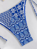 Blue Floral Print 2 Piece Micro Bikini Set for Women 2025 New Push Up Bra Thong Swimsuit Beach Bathing Suit Holiday Swimwear