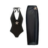S - XL New With Skirt Deep V Neck Halter One Piece Swimsuit Women Swimwear Female Starfish Padded Bather Bathing Suit Swim V7977