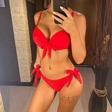 XS - XL Knotted Push Up Bikini Swimsuit Female Swimwear Women Two-pieces Bikini Set With Bra Cup Bather Bathing Suit Swim V3992