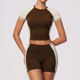 Summer New Yoga Sets Women Breathable Contrasting Color Short Sleeve Slim Sports T Shirts Training Running Shorts Fitness Suit