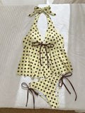 Sexy Yellow Polka Dot Print Bikini Set Swimwear Women Front Tie Push Up Padded Tank Top Drawstring Side High Waist Swimsuit 2026