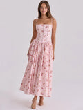 FDYOUI 2026 Summer Floral Print Spaghetti Strap Dress for Woman Elegant Sleeveless High Waist Long Party Evening Dresses Pink