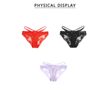 Red Lace Criss Cross Panty for Women See Through Mesh Hollow Out Bow Thong Underwear Plus Size M-3XL