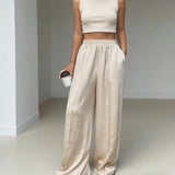 Elegant Solid Color Women's Satin Wide Leg Pants Lace Trim High Waist Loose Fit Trousers For Daily Vacation
