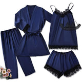 Women's Satin Sleepwear Pajama Set Pink Sexy Lingerie Bath Robe Lace Patchwork Silk Night Dress Trousers Home Clothed Nightwear