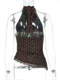 FDYOUI Women's Chic Polka Dot Tanks Top 2026 Summer Off Shoulder Lace Patchwork Corset Bandage Backless Crop Tops Streetwear