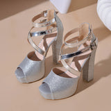 Sexy Women High Heels Sandals 2026 Summer Platform Sequin Cloth Cross Belt Buckle Wedding Open-toe Shoes Pumps Party Dress