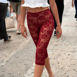Women Burgundy Floral Lace Capri Leggings Sheer See Through Knee Length Pants High Waist Slim Fit Casual Summer Streetwear