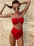 DEKA Brazilian Neck Bikini Set High Waist Flower Swimwear Women Floral Push Up Swimsuit Red White Bathing Suit Beachwear Biquini