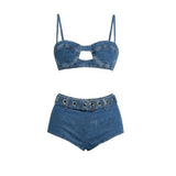 3Pcs Denim Printed Bikini 2026 Women Sexy Swimsuit Leather Strap Swimwear Bandeau Biquini Female Push Up Bathing Suit Beachwear