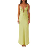 Women Cami Dress Solid Color Sleeveless Tie-Up Front Sleeveless Backless Dress Long Dress Summer Casual Spaghetti Strap Dress