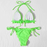 Ribbed Ruffled Frilled Brazilian Bikini Women Swimsuit Female Swimwear Two Pieces Bikini Set Halter String Bathing Suit Swim