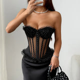 Women Corset Vest Sexy See Through Dot Print Lace Trim Club Wear Fishbone Tank Top Strapless Buckle Tie Rope Perspective Tops