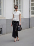 Women White Lace Shirts Solid Color Lapel V Neck Short Sleeve Slim Fit Tops and Blouses Summer Elegant