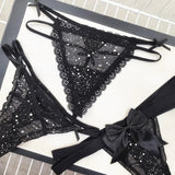 Sexy Women's Thong Erotic Cross Hollow T Pants Starry Sky Shiny Sequins Black Mesh Transparent Bow Perspective Briefs Lingerie