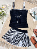 Vintage Black Striped Tankini Set 2026 Women Front Tie Pleate Skirt High Waist Two Piece Swimsuit Bathing Suit Holiday Swimwear