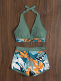 2026 Summer Women's Print Patchwork Swimsuit Sexy Deep V Neck Back Lace-up Swimwear High Waist Shorts Tankini Bathing Suit Beach