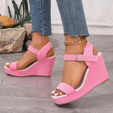 2026 New Platform Wedge Sandals Solid Color Round Headed Square Buckle  High-heeled Sandals