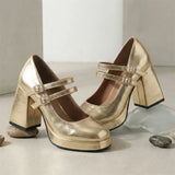 Big Size 32-46 Y2K Metallic Mary Jane High Heels Women Shoes Round Toe Double Straps Rhinestone Buckle Platform Block Heel Pumps