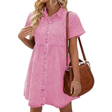 Faux Denim Button-down Mini Dress Women Summer Dress Short Sleeves A-line Lapel Patchwork Dress for Dating Commuting Party