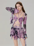 Women 3 Piece Sets Long Sleeve Shrug + Halter Tank Top + Irregular Pleated Skirts Y2K Aesthetic Gothic Sexy Streetwear