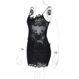 FDYOUI Spaghetti Strap See-through Mesh Dress Women Sleeveless Lace Patchwork Mini Party Dresses White Black Night Club Outfit