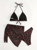 With Mesh Sarong Skirt Cherry Printed Bikini Female Swimsuit Women Swimwear Three Pieces Bikini Set Bathing Suit Swim Beachwear