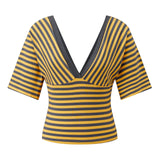 Womens Striped T-shirt Deep V Neck Short Elbow Sleeve Corset Tops 2026 Summer Casual Retro Stylish Shirts