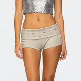 Women Solid Color Fold Over Waist Shorts Summer Stylish Rivet Studded Low Rise Slim Fit Mini Shorts for Beach Daily Wear