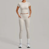 Women Tracksuit Yoga Sets Short Sleeve Slim Sports T Shirts Workout Clothes Outdoor Tight High Waist Pocket Pants Fitness Suits