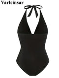 S - XL New With Skirt Deep V Neck Halter One Piece Swimsuit Women Swimwear Female Starfish Padded Bather Bathing Suit Swim V7977