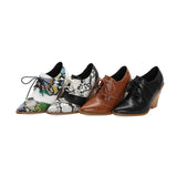 Snake Print Pumps Women Lace Up Brogue Shoes Pointed Toe Wedge Heels Deep Mouth Plus Size 40 41 42
