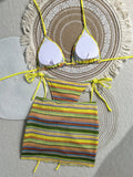 3PCS With Skirt Sarong Knitted Striped Bikini Women Swimsuit Female Swimwear Three Pieces Bikini Set Bathing Suit Swim Beachwear