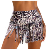 Women Leopard Print Swim Skirt Shorts Tassel Fringe High Waist Bikini Bottom For Beach Party Summer Vacation Pool Bathing Suits