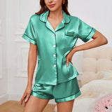 Luxurious Satin Pajama For Women Turn-down Collar Button Top & Shorts Sleepwear & Loungewear for Summer Home Clothes Suit