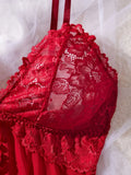 Sexy Lace Lingerie Set for Women, Red Sleepwear Nightdress with Matching Panties, V-Neck Sheer Lace Camisole, Romantic Night