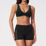 Tight Color Contrast Yoga Suit 2 Pieces Women V Neck Sports Bra Pleate High Waist Shorts Gym Running Fitness Suits Tracksuit