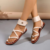 Women Sandals Ladies Flat Heels Clip-toe Casual Rome Sandals 2026 Summer Cross Narrowband Ankle Buckle Strap Female Beach Shoes