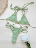Sexy Halter Neck Chain Accents Bikini Women Swimwear Fashion Lady Double Strap Detail Biquini Swimsuit Mujer Beach Bathing Suit