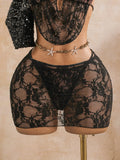 Sexy Black Mesh Shorts 3 Piece Bikinis Sets  2026 Women Pearls Push Up Tassel Bra Swimsuit Beach Holiday Bathing Suit Swimwear