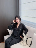 Lace splicing light luxury pajamas for women long-sleeved ice silk silk early spring comfortable home wear set