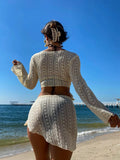 DEKA Women Solid 4 Piece Lace Up Bikinis Set Swimsuit Long Sleeve Cover Up with Skirt Swimwear New Push Up Bathing Suit Bikini