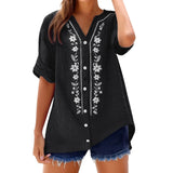 Womens V Neck Embroidered Linen Tunic Shirt Roll Up Sleeve Button Down Loose Fit Casual Boho Blouse Vintage Summer Beach Shirts