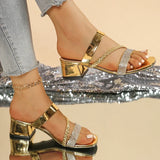 Luxury Golden Thick Heels Sandals Women Crystal Woven Strap High Heel Party Shoes Woman Plus Size 42 Square Toe Summer Sandles