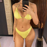 Wrinkled Halter Bikini Women Swimwear Female Swimsuit Two-Pieces Bikini Set Brazilian High Cut Bather Bathing Suit Swim V6209