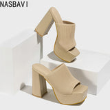 NASBAVI Summer Knitting Yarn Pleated Platform Rome Shallow Thick Bottom Peep Toe Thin Heels Women Sandals Slip-On Party Shoes